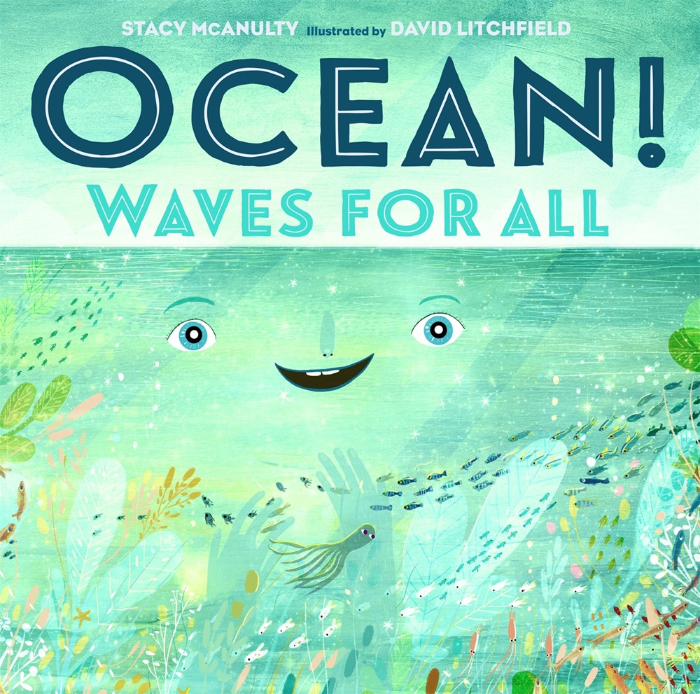 book cover with waves from the ocean in green and blue