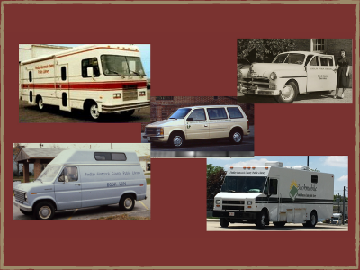 photo of five different bookmobiles through the years