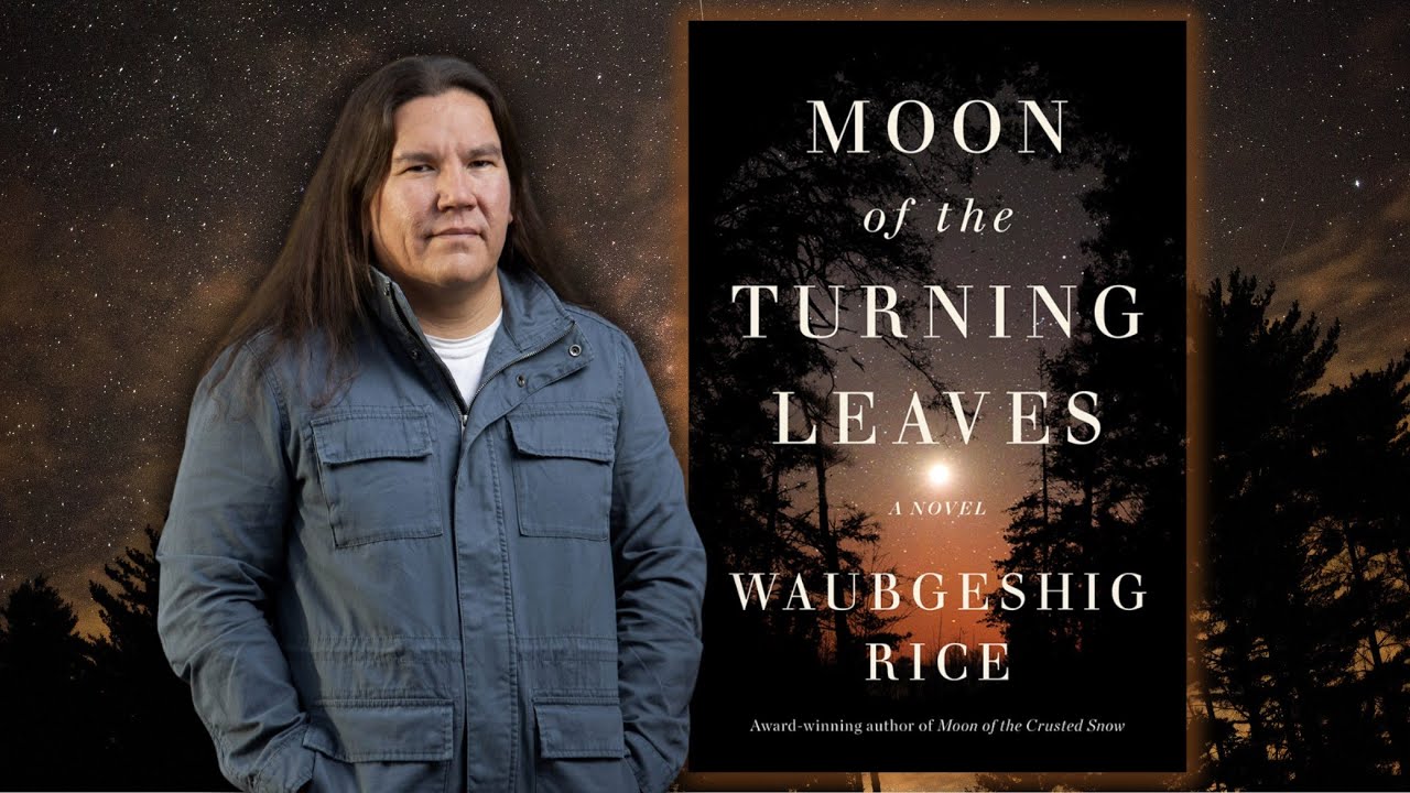 Author in blue shirt beside book cover showing night sky in the woods